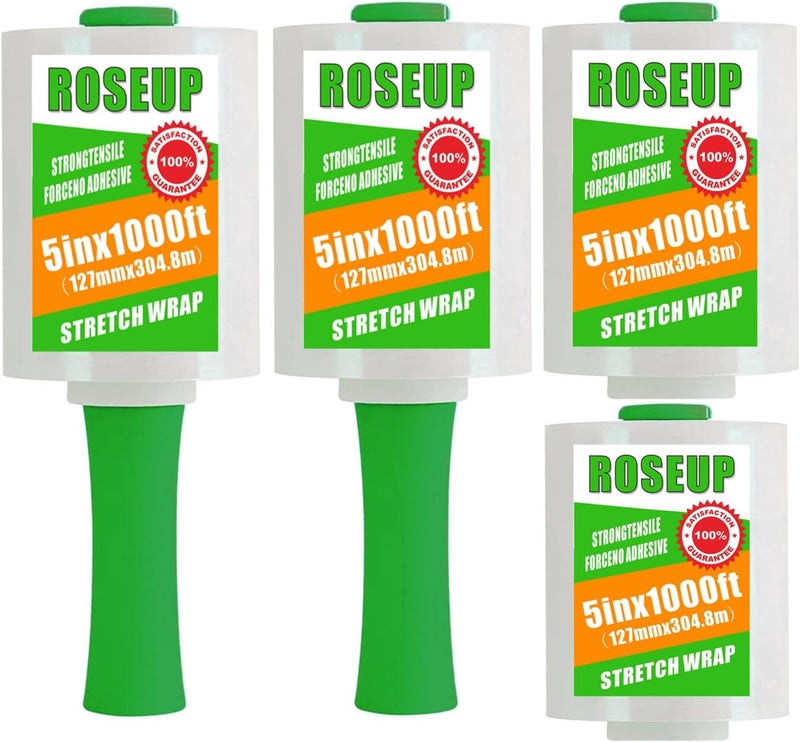 ROSEUP Clear Stretch Wrap Film 5" x 1000ft Roll with Handle, 80 Gauge Thick Cling Plastic Wrap for Moving, Pallet Wrap, Self Adhering Packaging Heavy Duty Shrink Film, 4 Pack - Image 1